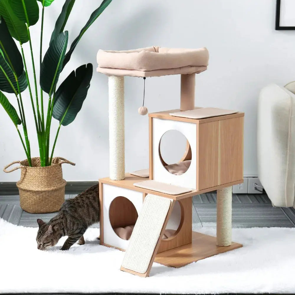 Arbre à Chat en Bois avec Condos et Perchoir Large - Le Nid Félin