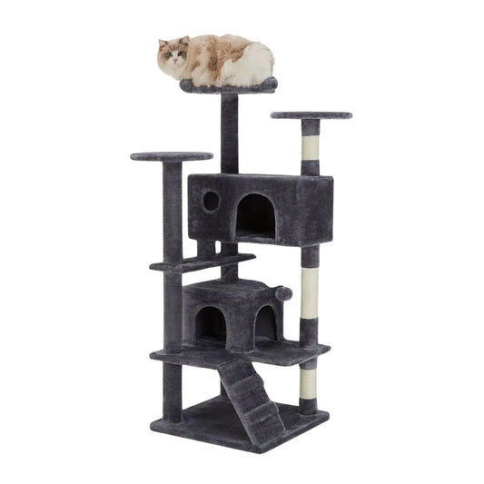 Arbre à Chat Gris Doubles Condos et Rampe Griffoir - Le Nid Félin