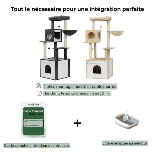 Meuble Litière Chat avec Arbre Intégré | 144cm - Le Nid Félin