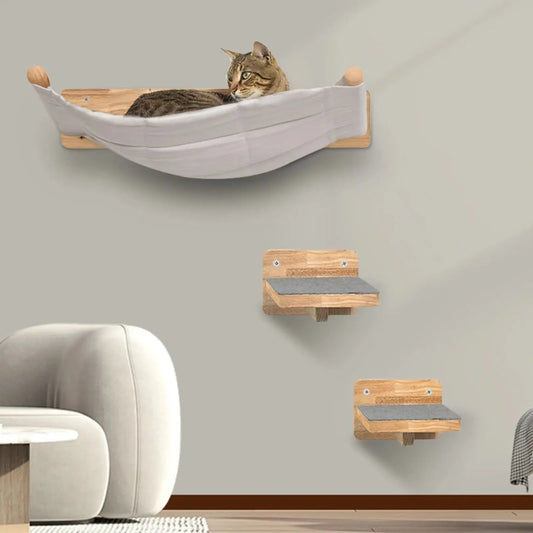 Arbre à Chat Mural Hamac Gris en Bois - Le Nid Félin