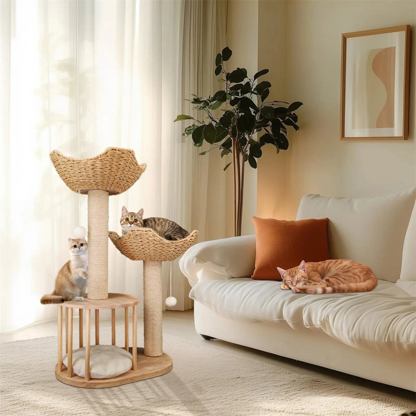 Arbre à Chat en Bois avec Panier Osier Naturel - Le Nid Félin