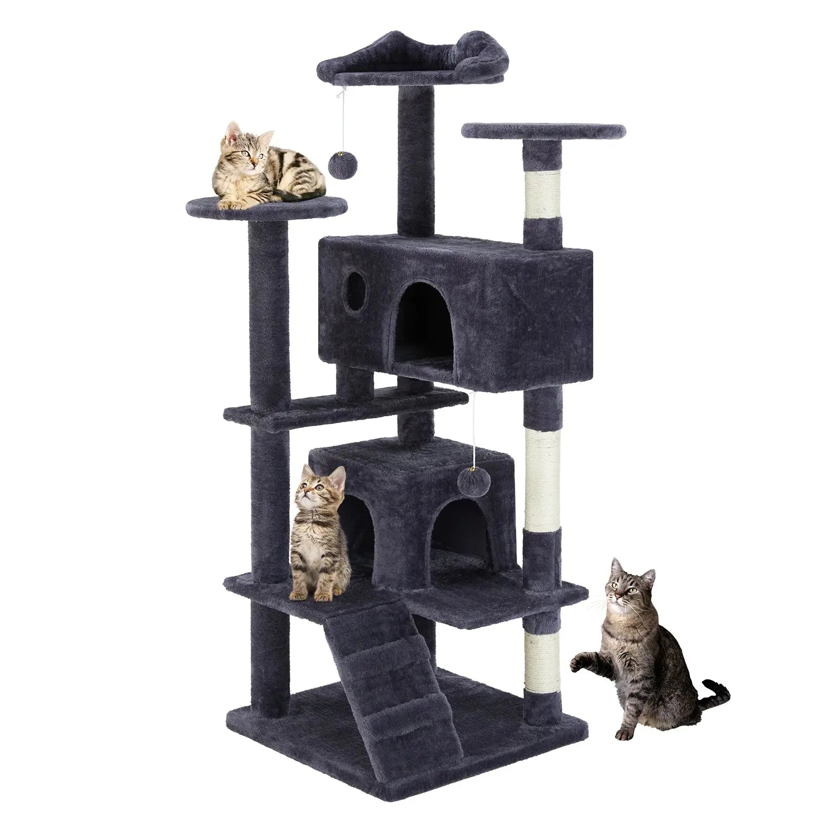 Arbre à Chat Gris Doubles Condos et Rampe Griffoir - Le Nid Félin