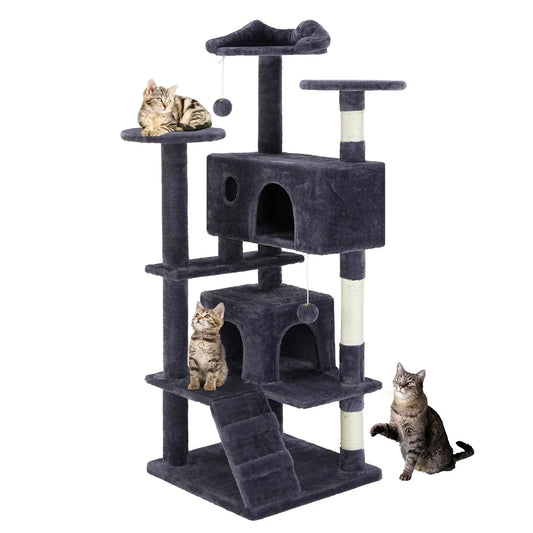 Arbre à Chat Gris Doubles Condos et Rampe Griffoir - Le Nid Félin