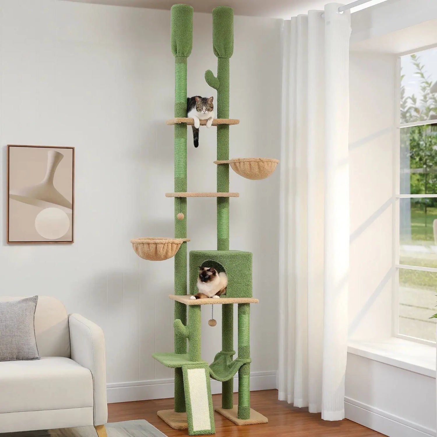 Arbre à Chat Plafond Double Poteaux Vert - Le Nid Félin