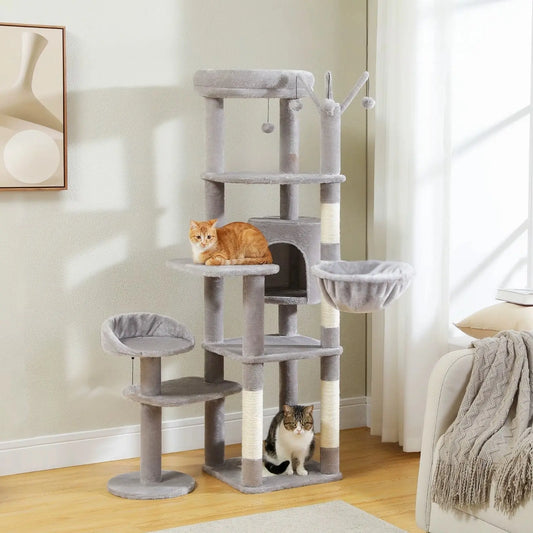 Arbre à Chat Gris Multi-Niveaux avec Hamac - Le Nid Félin