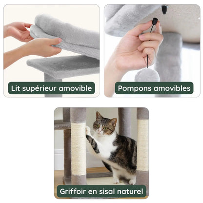Arbre à Chat Gris Multi-Niveaux avec Hamac - Le Nid Félin