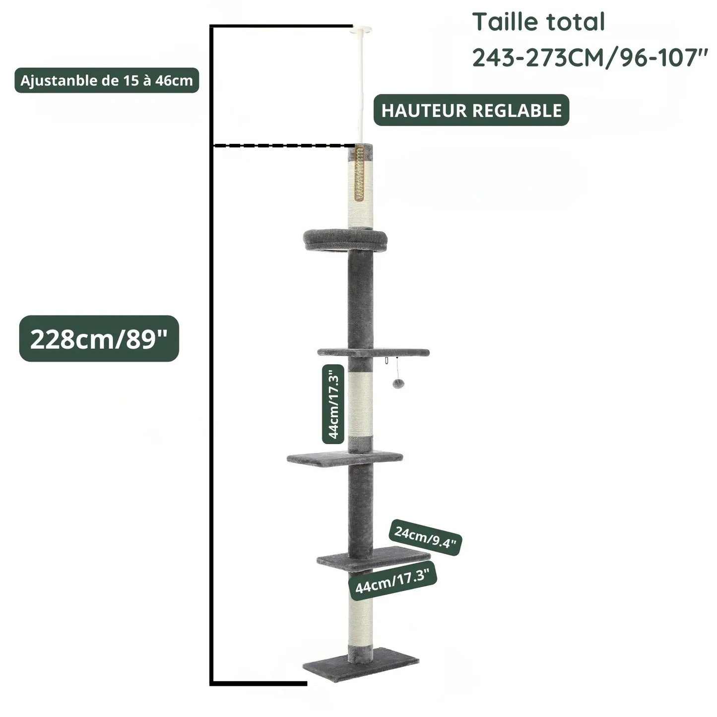Arbre à Chat Gris Plafond 243 cm - Le Nid Félin