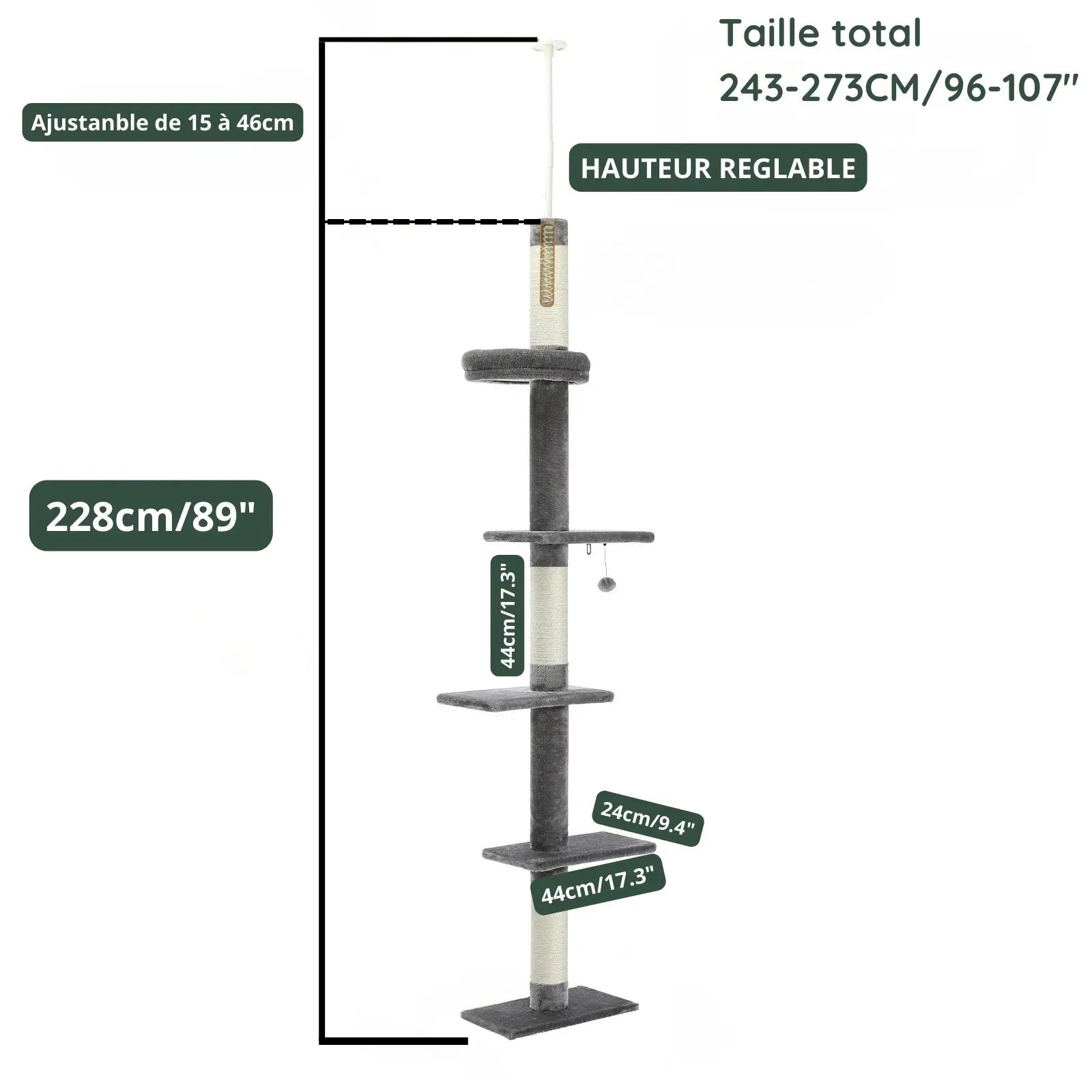 Arbre à Chat Gris Plafond 243 cm - Le Nid Félin