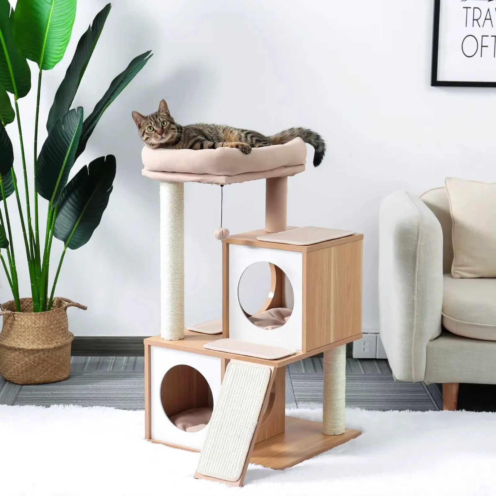 Arbre à Chat en Bois avec Condos et Perchoir Large - Le Nid Félin