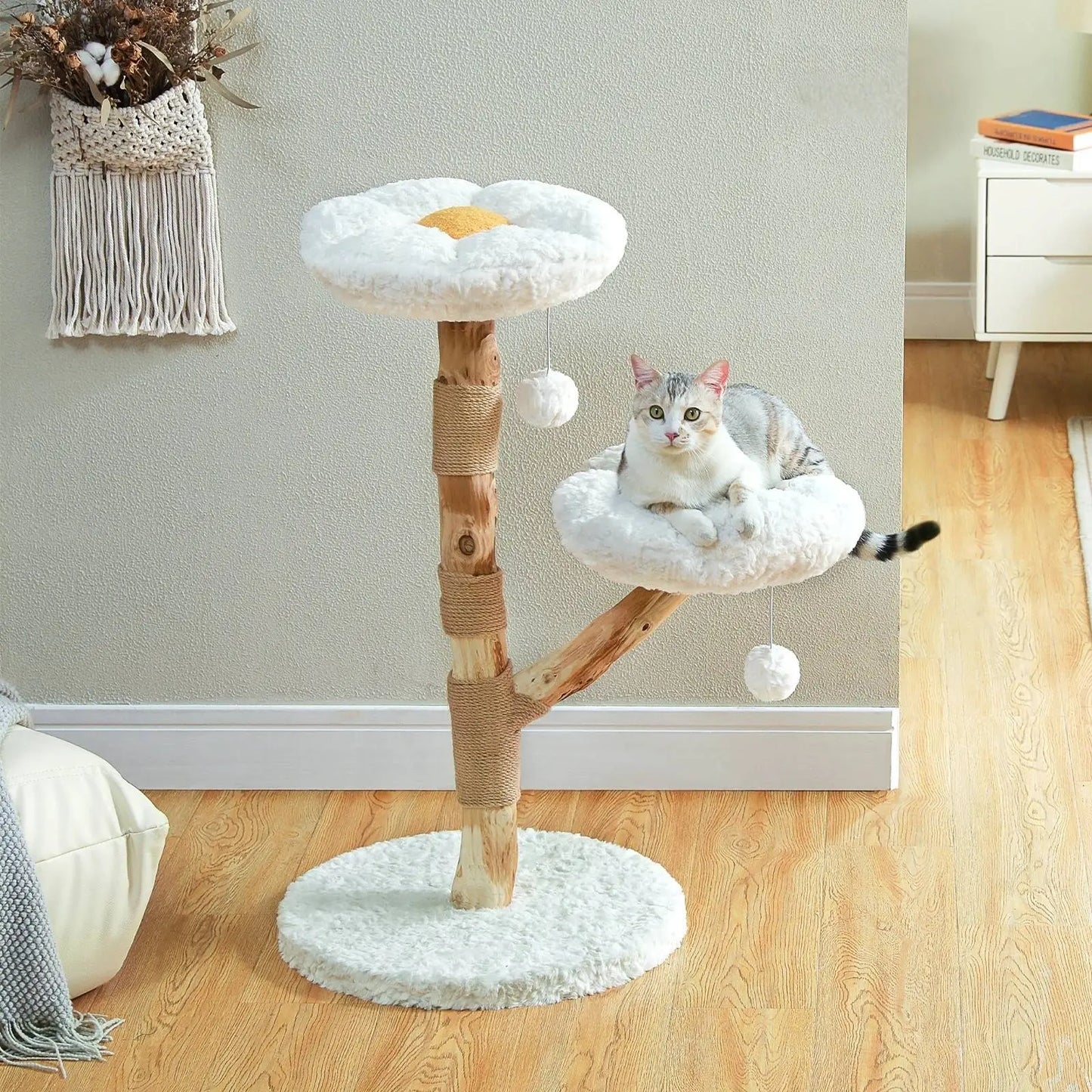 Arbre à Chat Fleur en Bois Flotté Blanc - Le Nid Félin