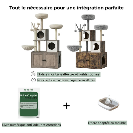 Meuble Litière Chat avec Arbre Intégré | Design Bois - Le Nid Félin