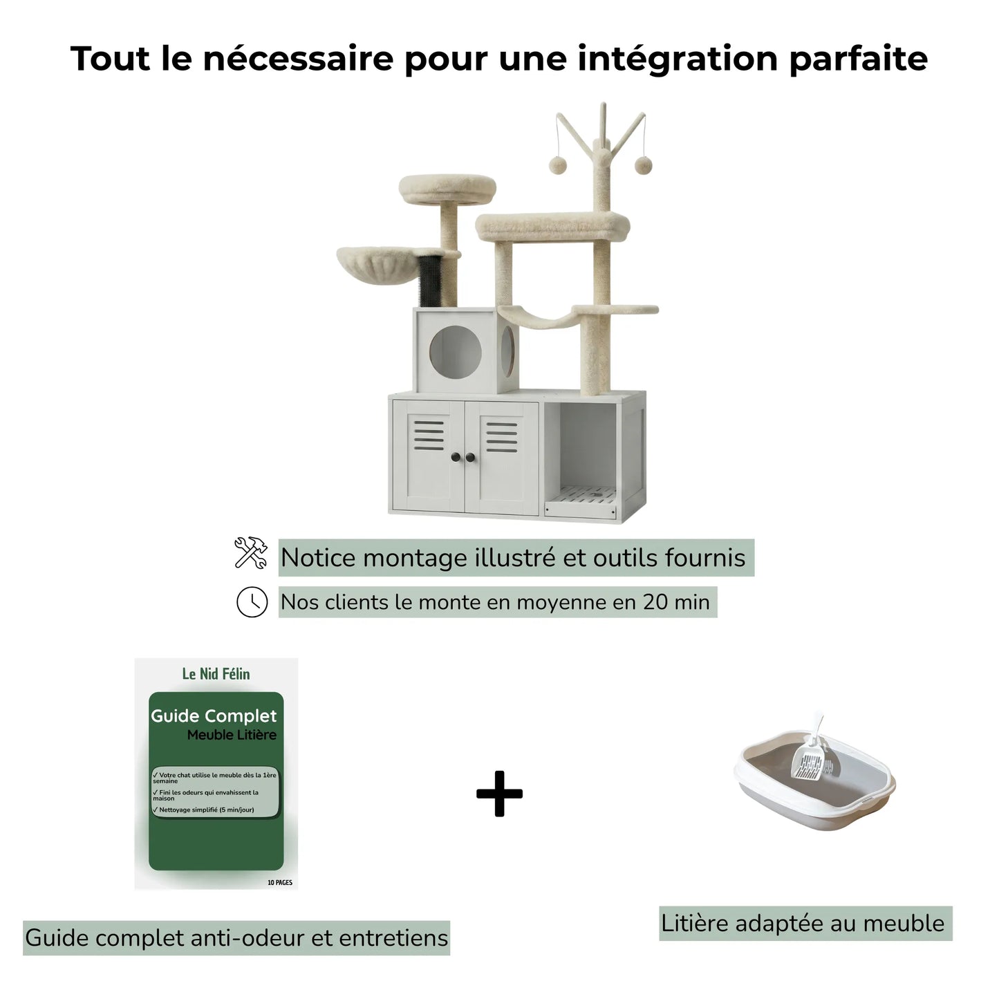 Meuble Litière pour Chat avec Arbre Intégré | Tour Compacte - Le Nid Félin