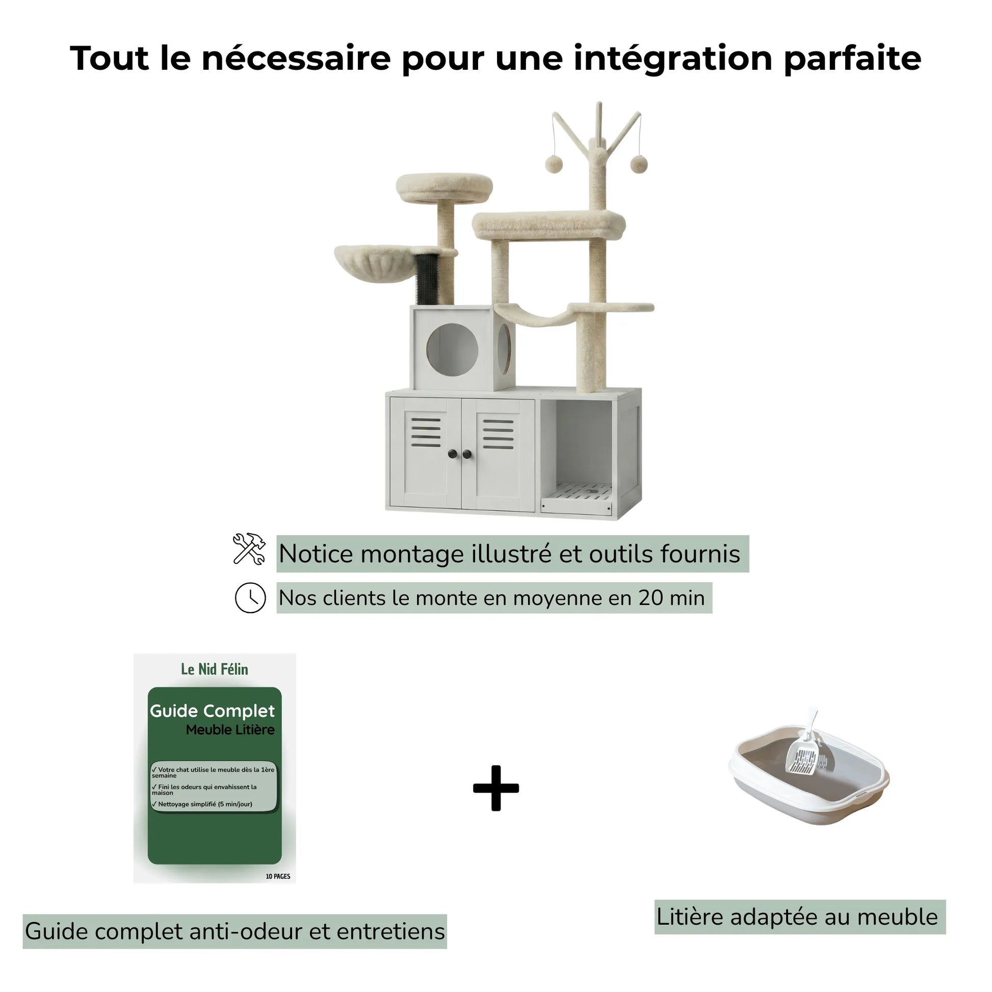 Meuble Litière pour Chat avec Arbre Intégré | Tour Compacte - Le Nid Félin