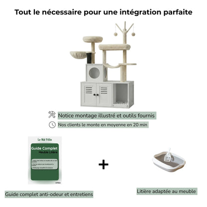 Meuble Litière pour Chat avec Arbre Intégré | Tour Compacte - Le Nid Félin