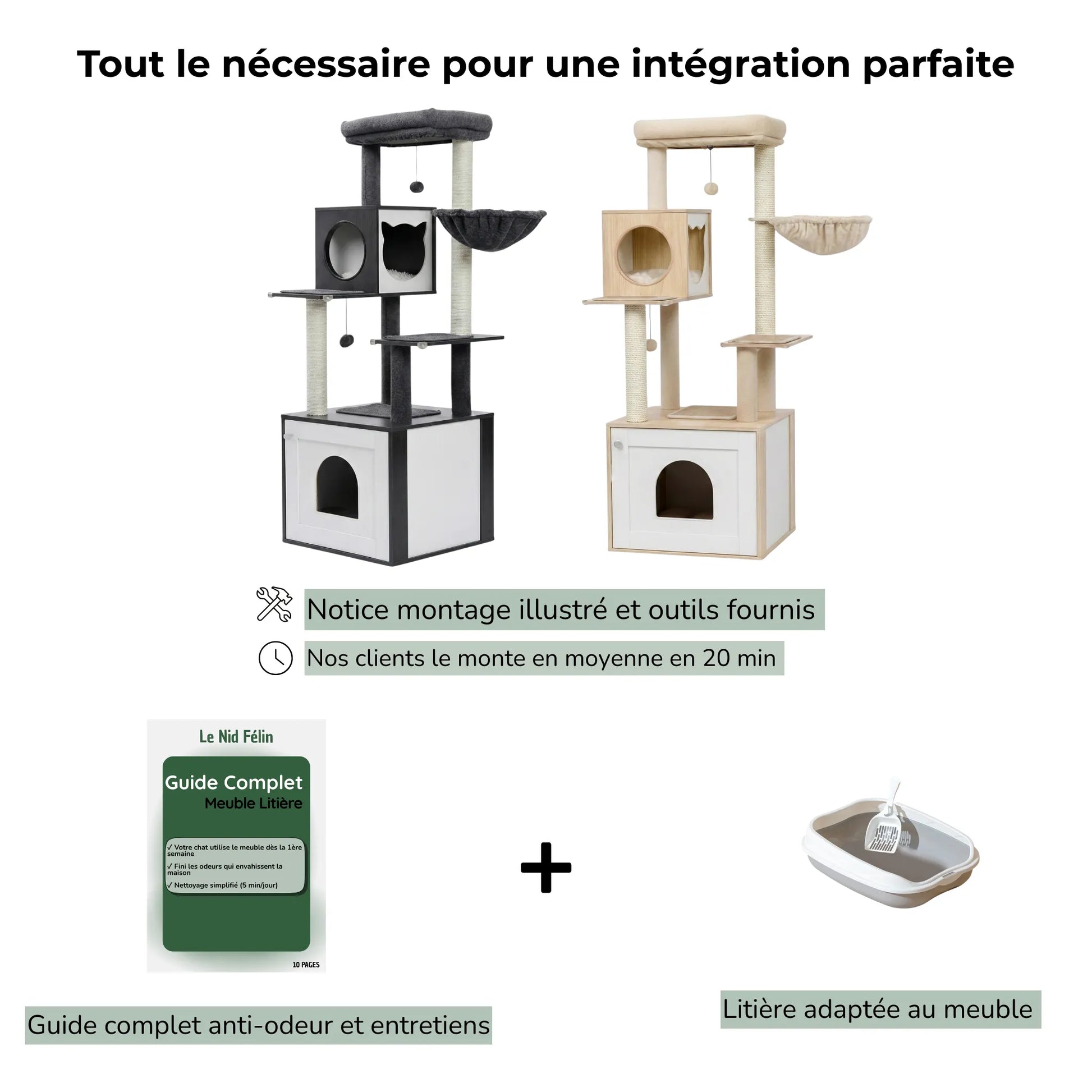 Meuble Litière Chat avec Arbre Intégré | 144cm - Le Nid Félin