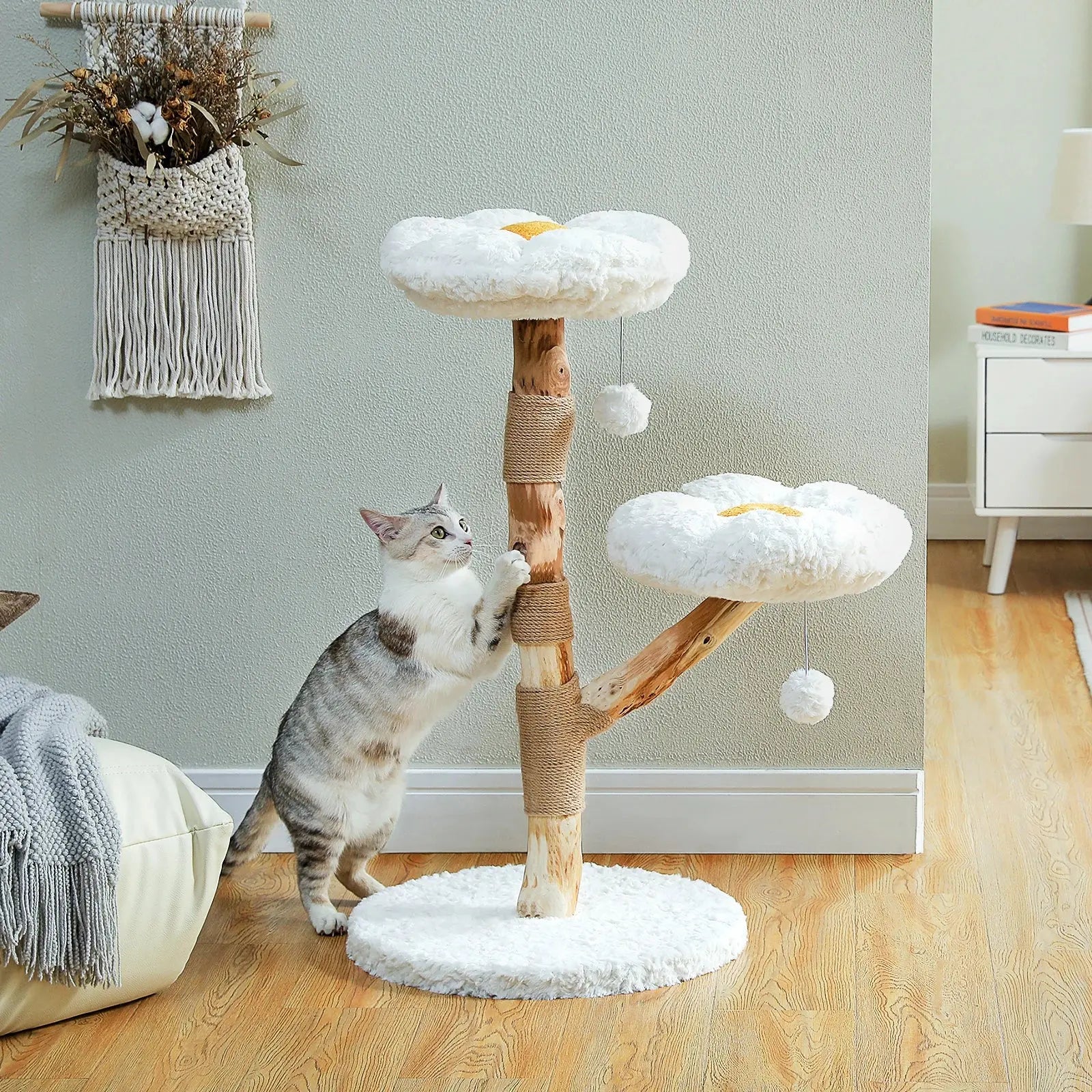 Arbre à Chat Fleur en Bois Flotté Blanc - Le Nid Félin