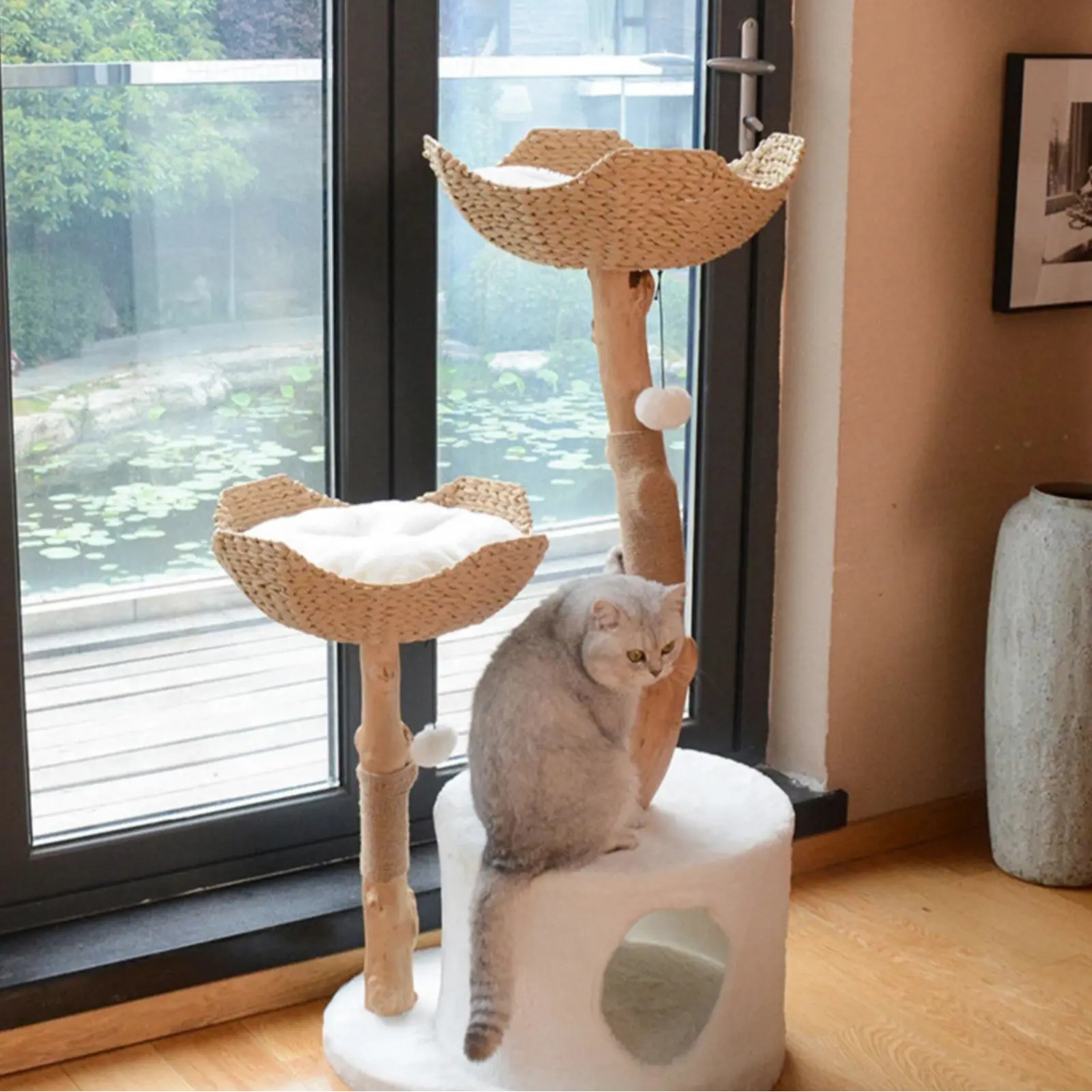 Arbre à Chat Bois Flotté Double Panier Osier - Le Nid Félin
