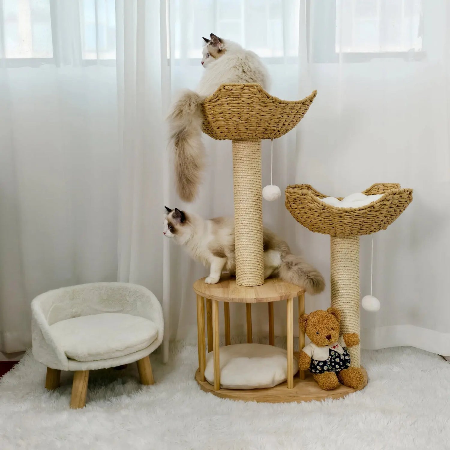 Arbre à Chat en Bois avec Panier Osier Naturel - Le Nid Félin