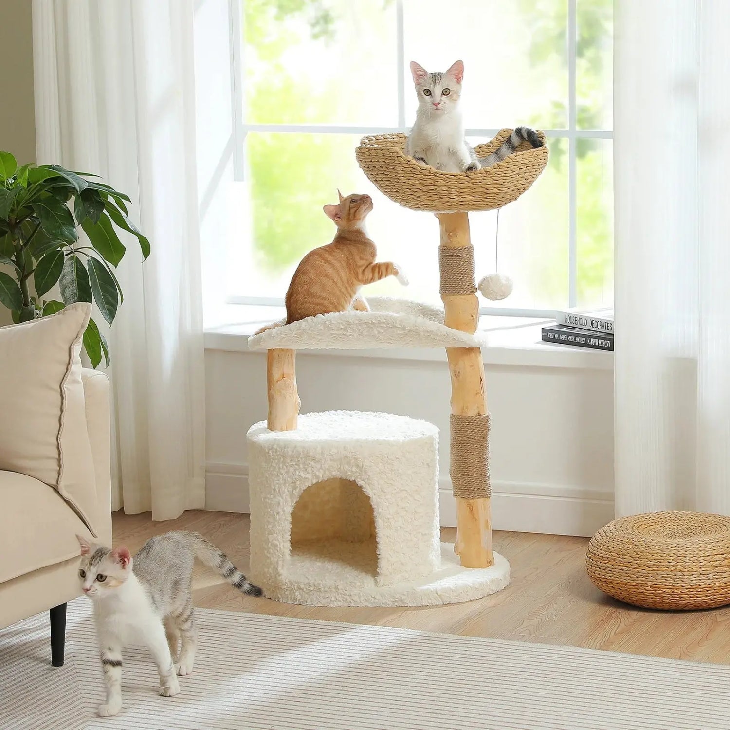 Arbre à Chat Bois Flotté Panier Osier - Le Nid Félin