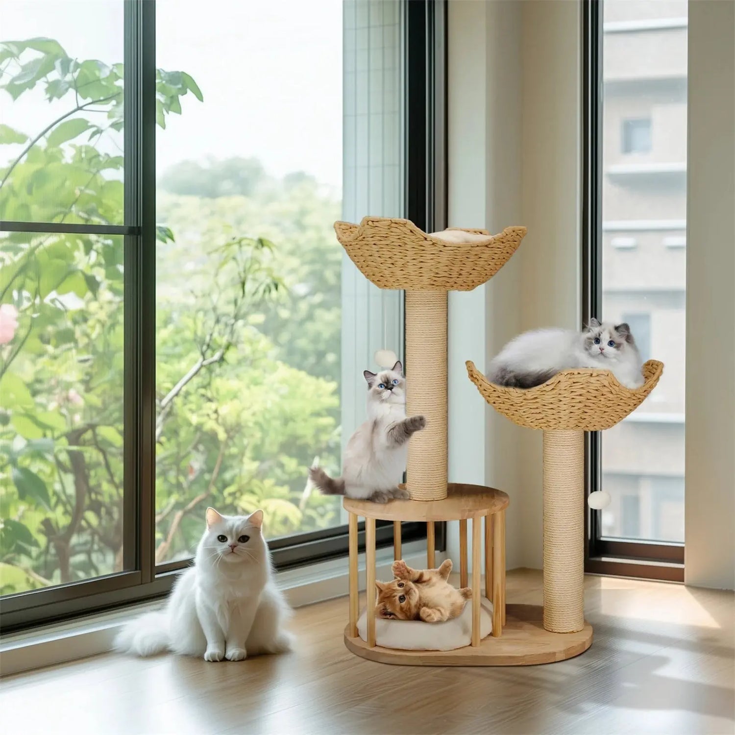 Arbre à Chat en Bois avec Panier Osier Naturel - Le Nid Félin