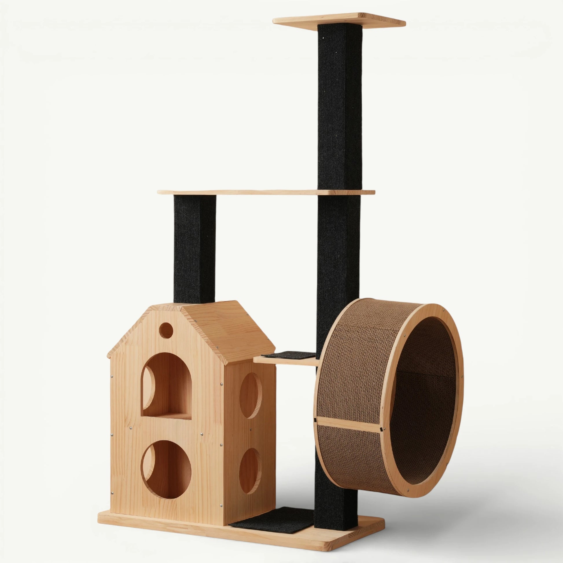 Arbre à Chat Design Bois Massif vue complète avec niche et roue