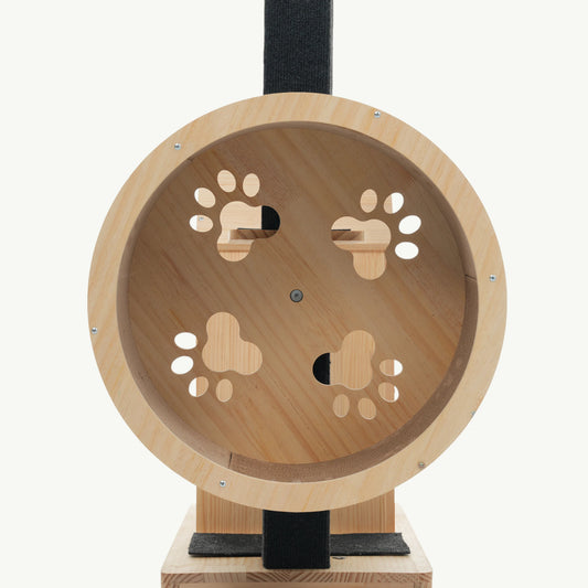 Zoom sur la roue griffoir pour chat en bois avec motifs pattes