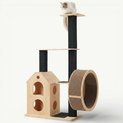 chat) Arbre à Chat Design Bois Massif avec chat sur le perchoir haut