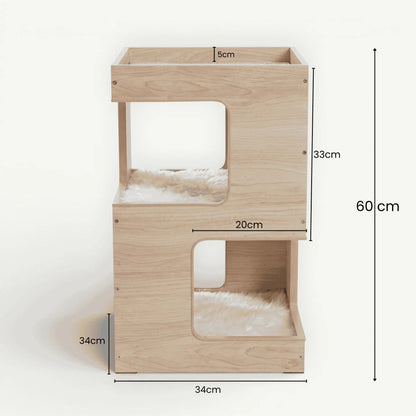 Dimensions arbre à chat bois clair 60cm hauteur base 34x34cm