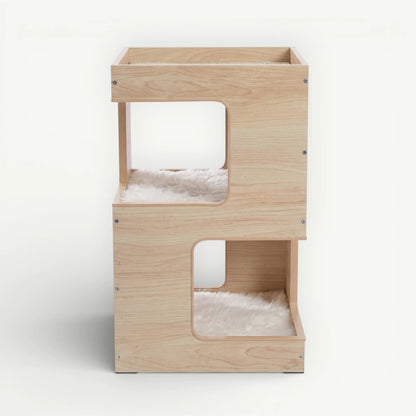 Vue frontale arbre à chat bois clair table chevet 3 niveaux