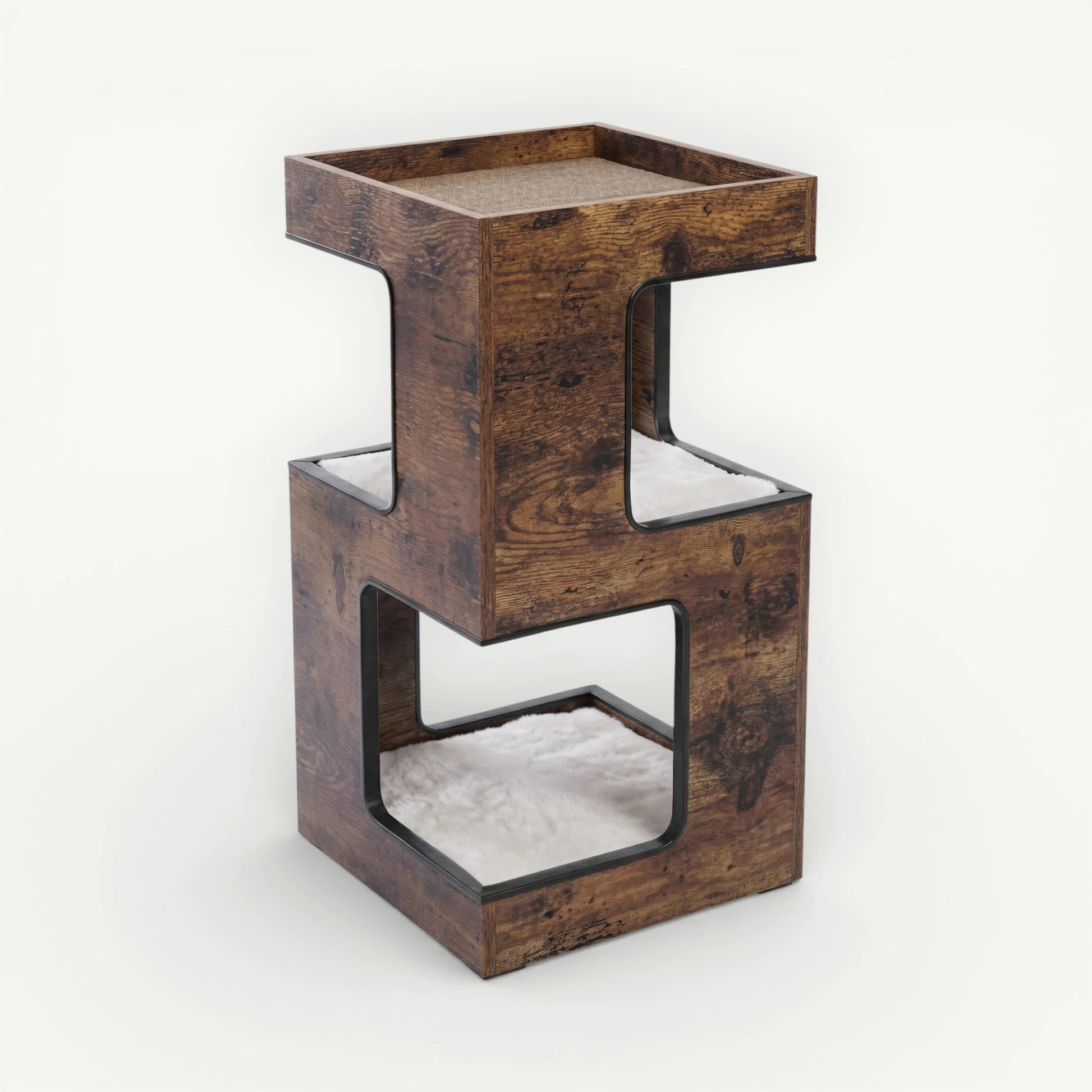 Vue latérale arbre à chat bois design table de chevet foncé