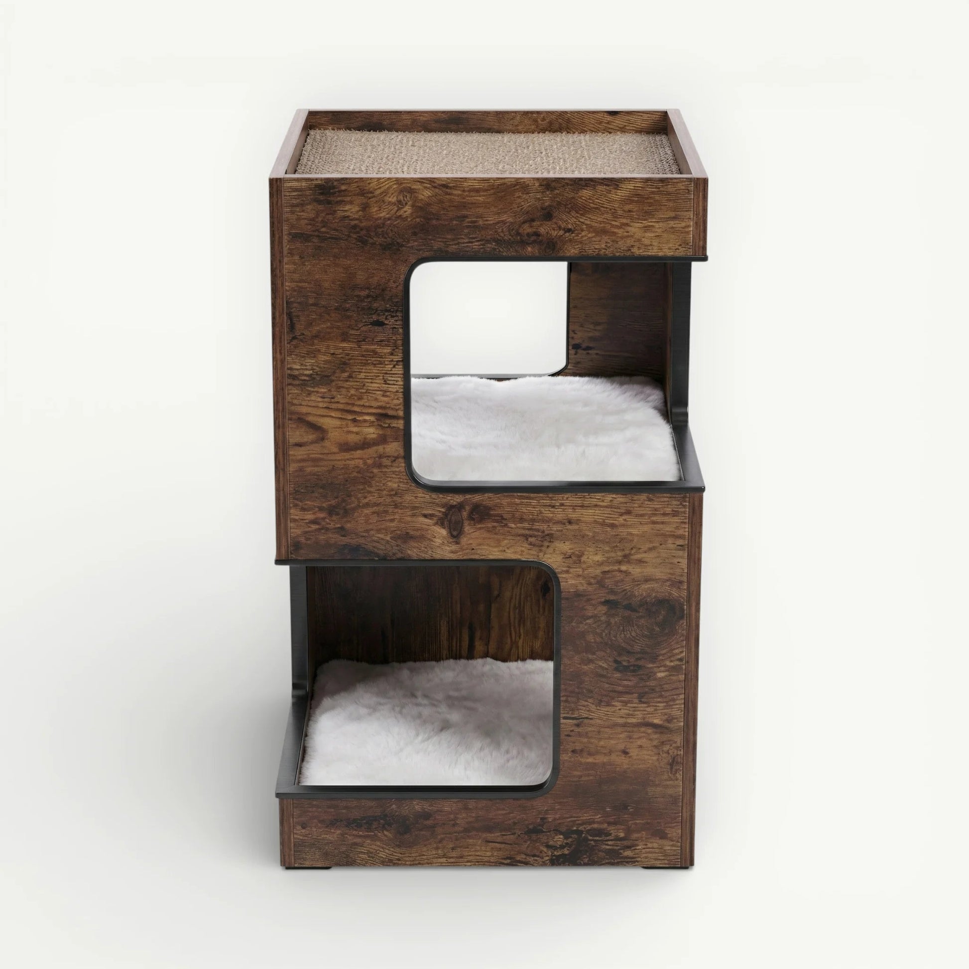 Vue frontale arbre à chat bois foncé table de chevet griffoir