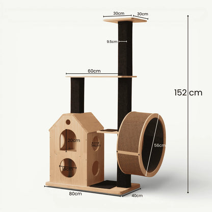 Dimensions arbre à chat bois massif avec roue griffoir 152cm hauteur base 80x40cm