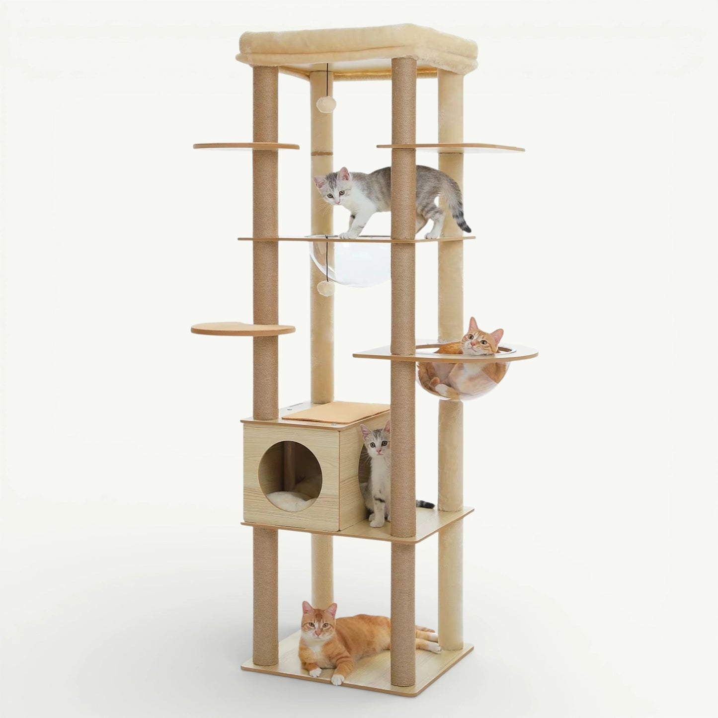 Arbre à chat bois naturel 180cm avec plateformes étagées et poteaux sisal