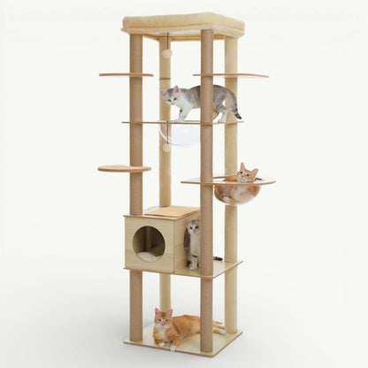 Arbre à chat bois naturel 180cm avec plateformes étagées et poteaux sisal