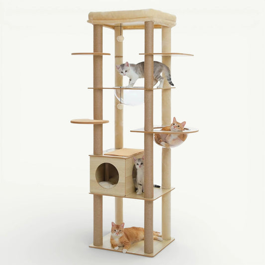 Arbre à chat bois naturel 180cm avec plateformes étagées et poteaux sisal