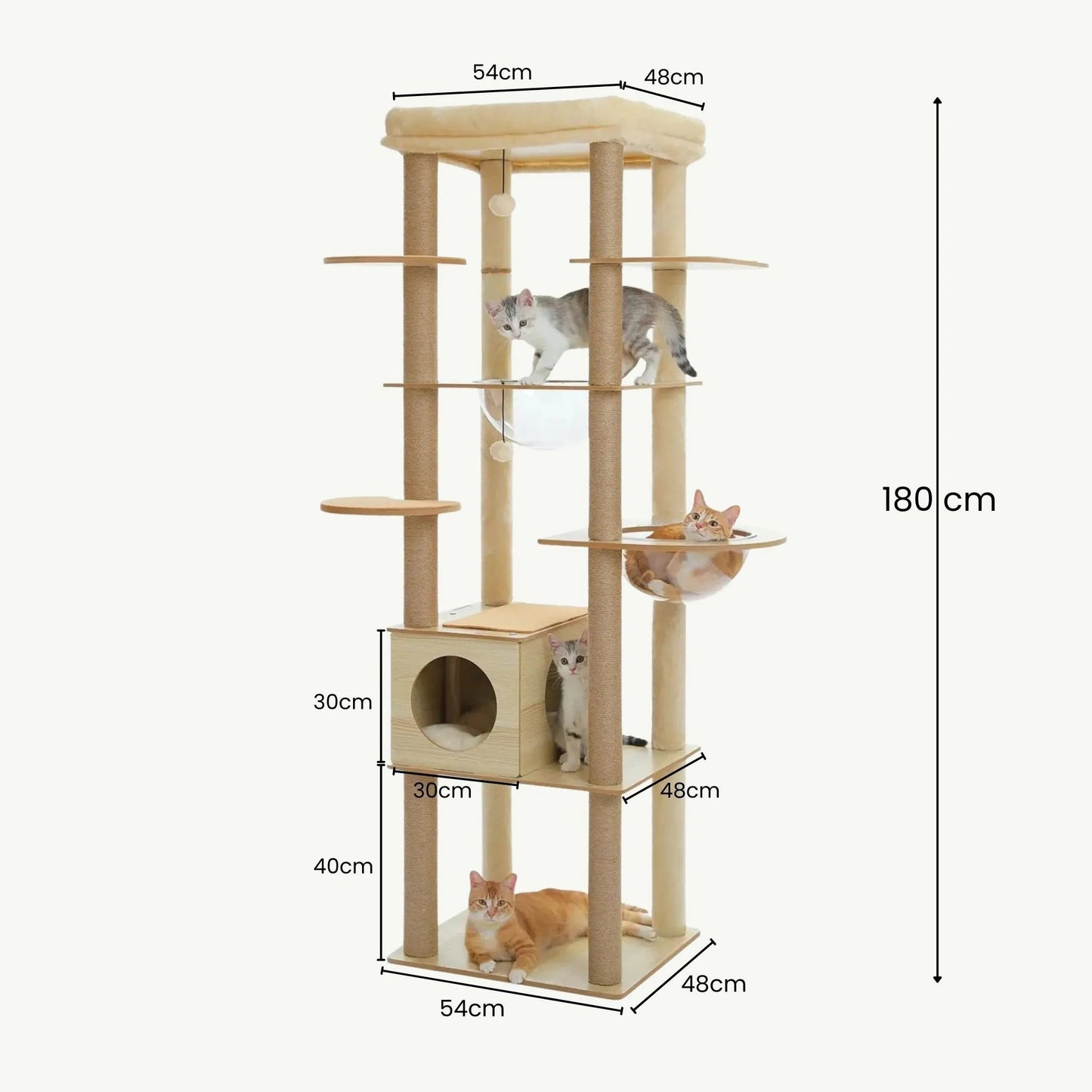 Dimensions arbre à chat bois naturel 180cm hauteur base 54x48cm avec mesures détaillées