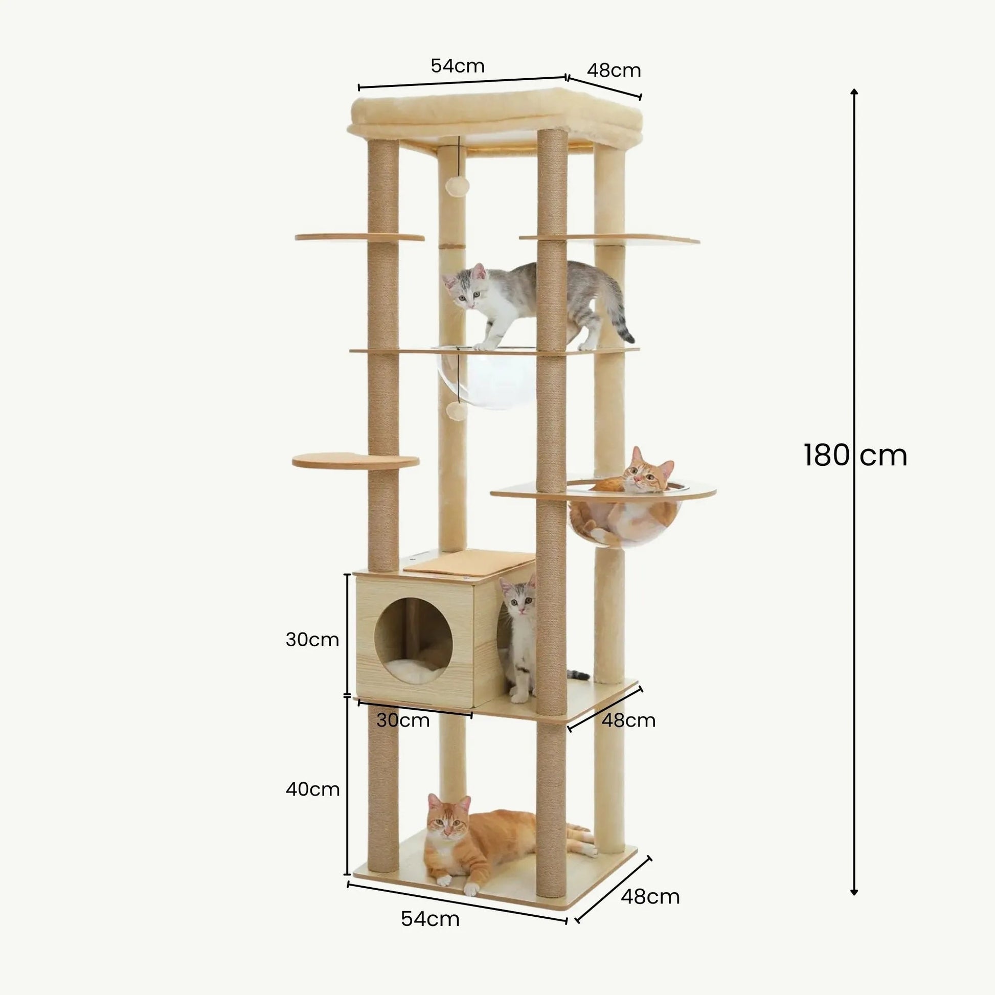 Dimensions arbre à chat bois naturel 180cm hauteur base 54x48cm avec mesures détaillées