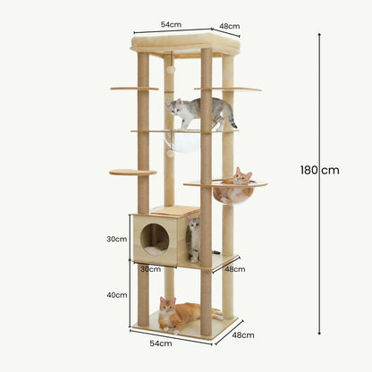 Dimensions arbre à chat bois naturel 180cm hauteur base 54x48cm avec mesures détaillées