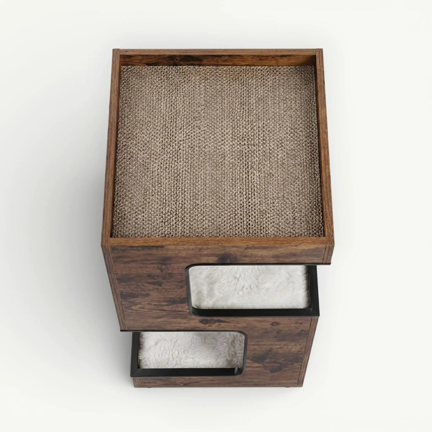 Vue dessus arbre à chat table de chevet bois foncé griffoir