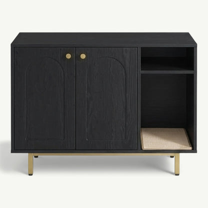 Meuble litière design noir avec portes fermées et accents or minimalistes

