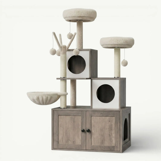 Arbre à chat en bois gris avec meuble de rangement, deux niches rondes, hamac suspendu et perchoirs rembourrés pour chats d'intérieur