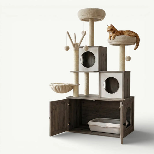 Meuble Litière Chat avec Arbre Intégré avec un chat 