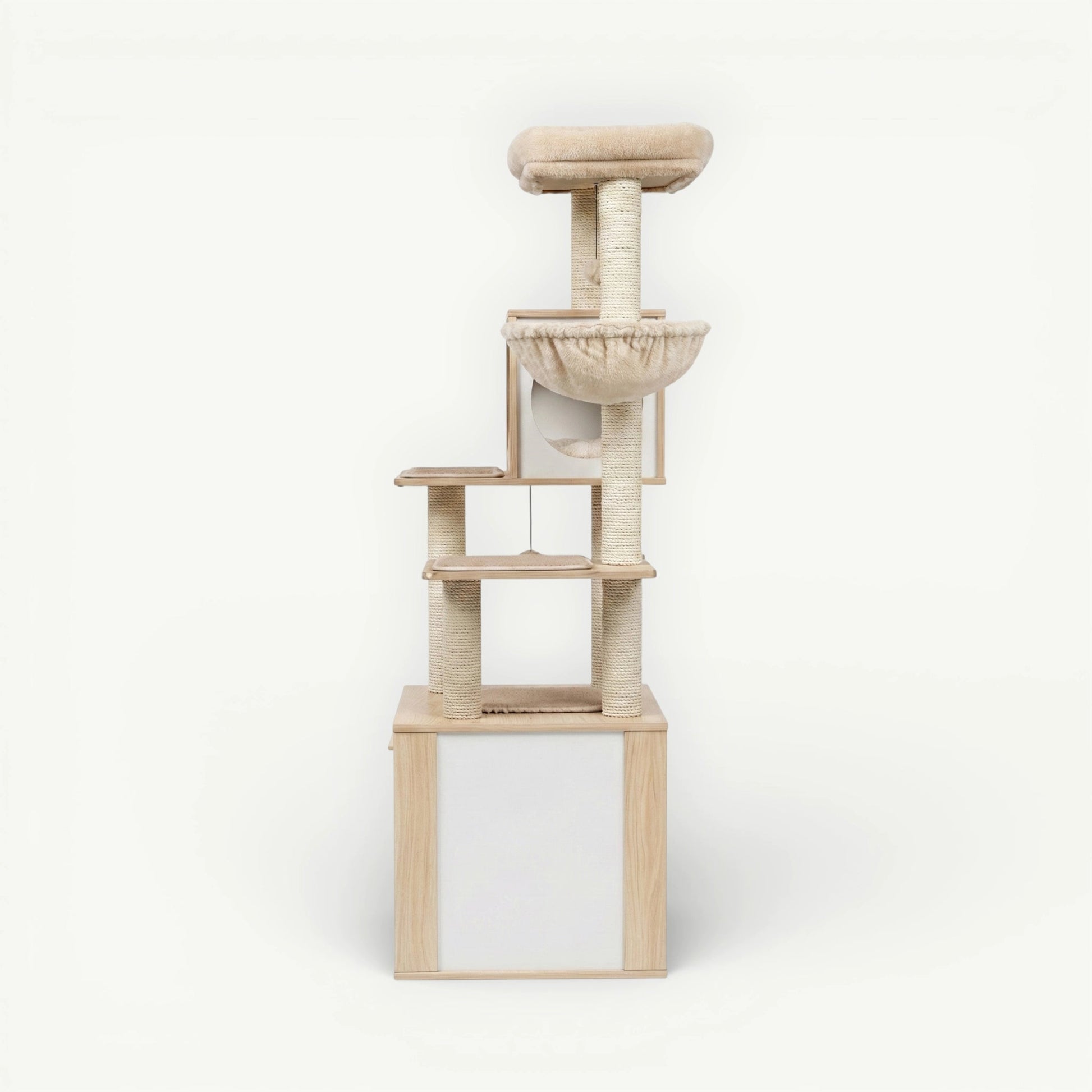 Meuble litière chat beige avec arbre intégré hamac plateformes sisal 144c