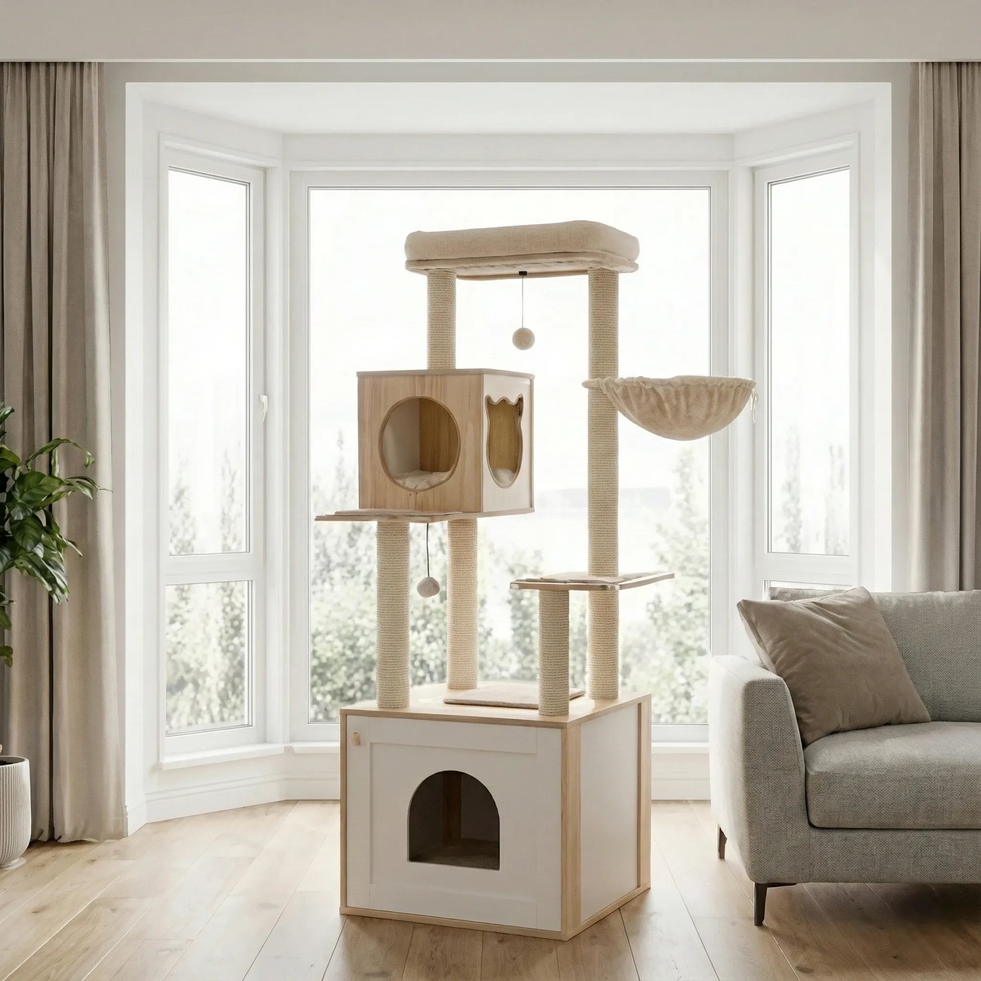 Meuble litière arbre chat beige installé salon moderne