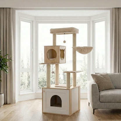 Meuble litière arbre chat beige installé salon moderne
