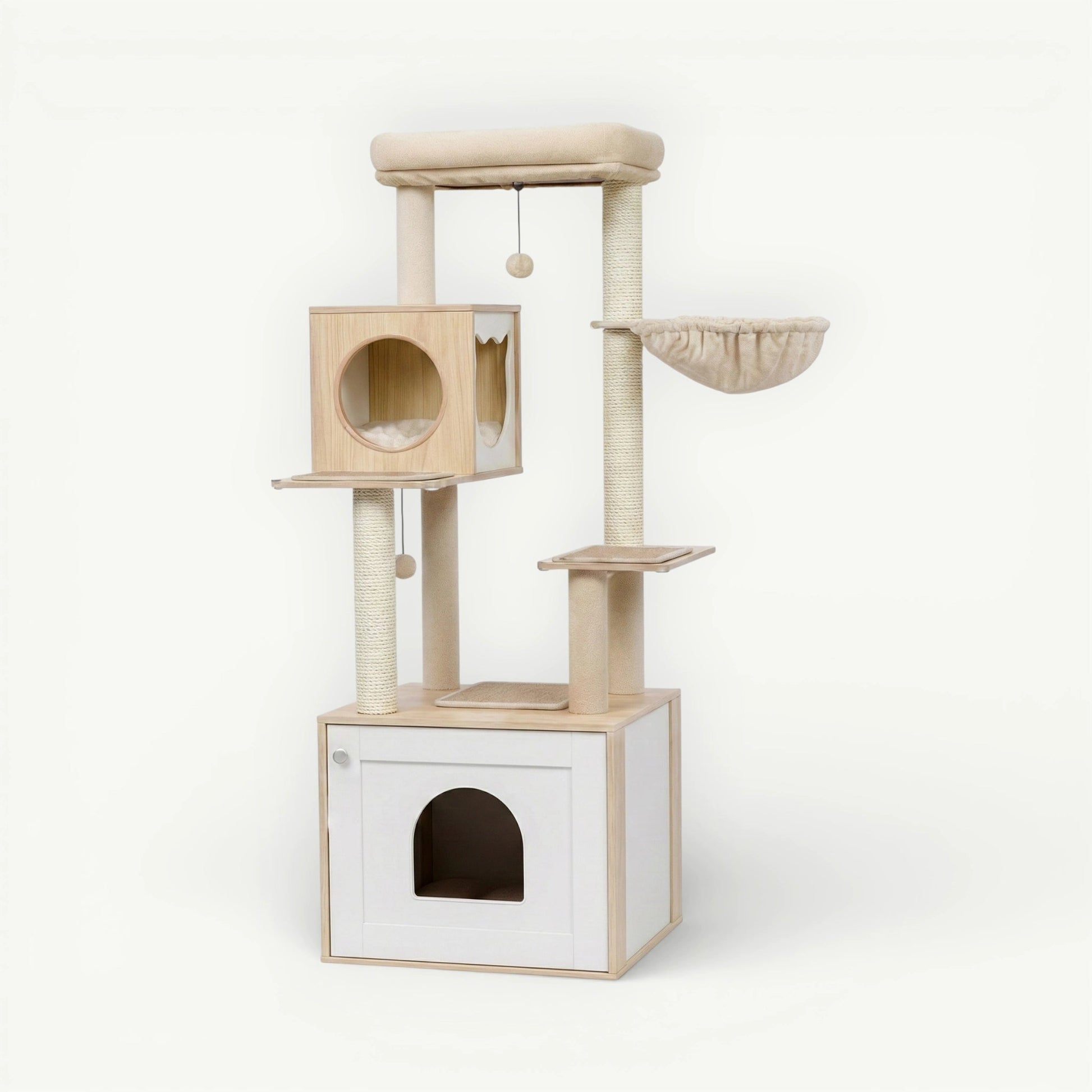 Vue frontale meuble litière arbre chat beige 144cm multi-niveaux