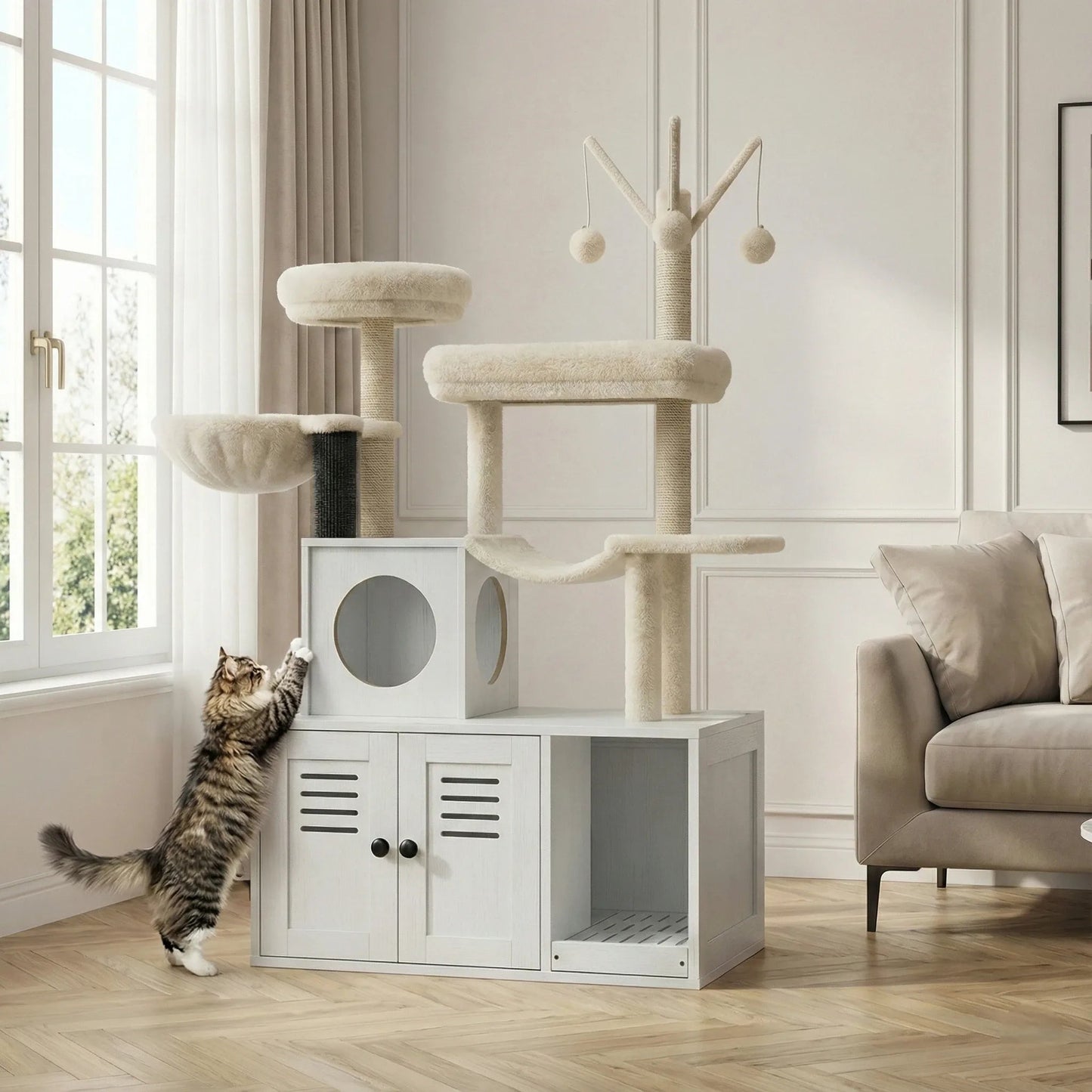 Meuble litière arbre chat blanc installé salon moderne