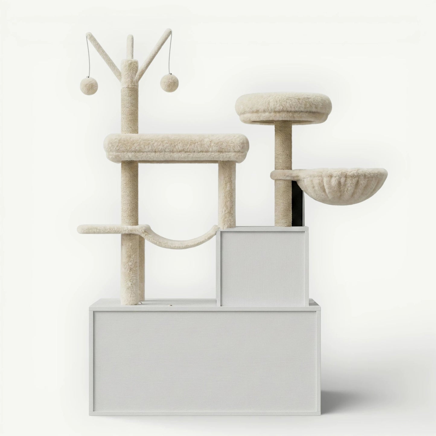 Meuble litière chat blanc avec arbre intégré hamac plateformes sisal beige