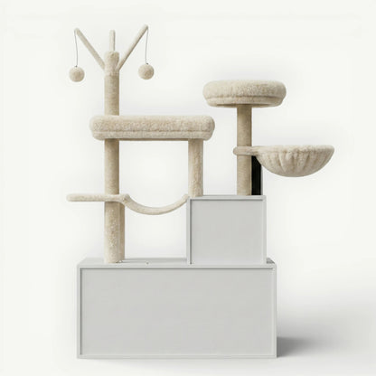 Meuble litière chat blanc avec arbre intégré hamac plateformes sisal beige