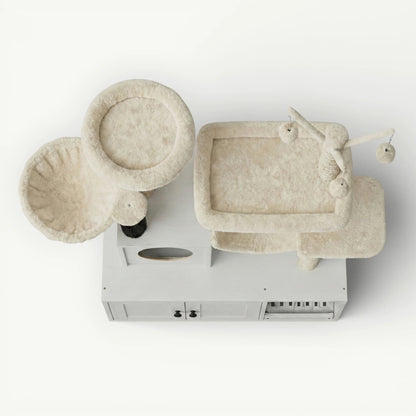 Vue dessus meuble litière arbre chat blanc tour multifonction